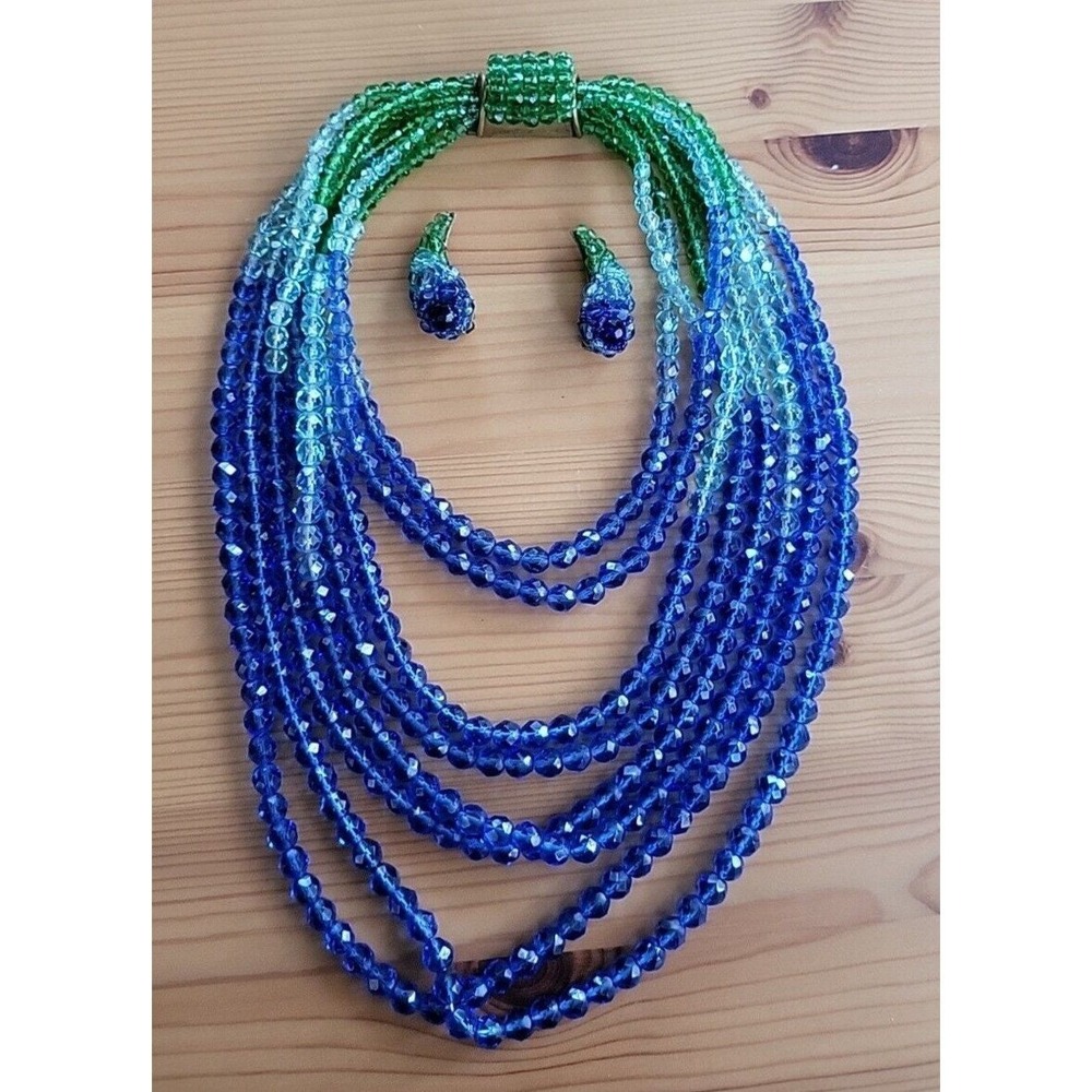 Coppola E Toppo Blue Green Ombre Crystal 8 Strand Necklace & Earrings Italy Rare